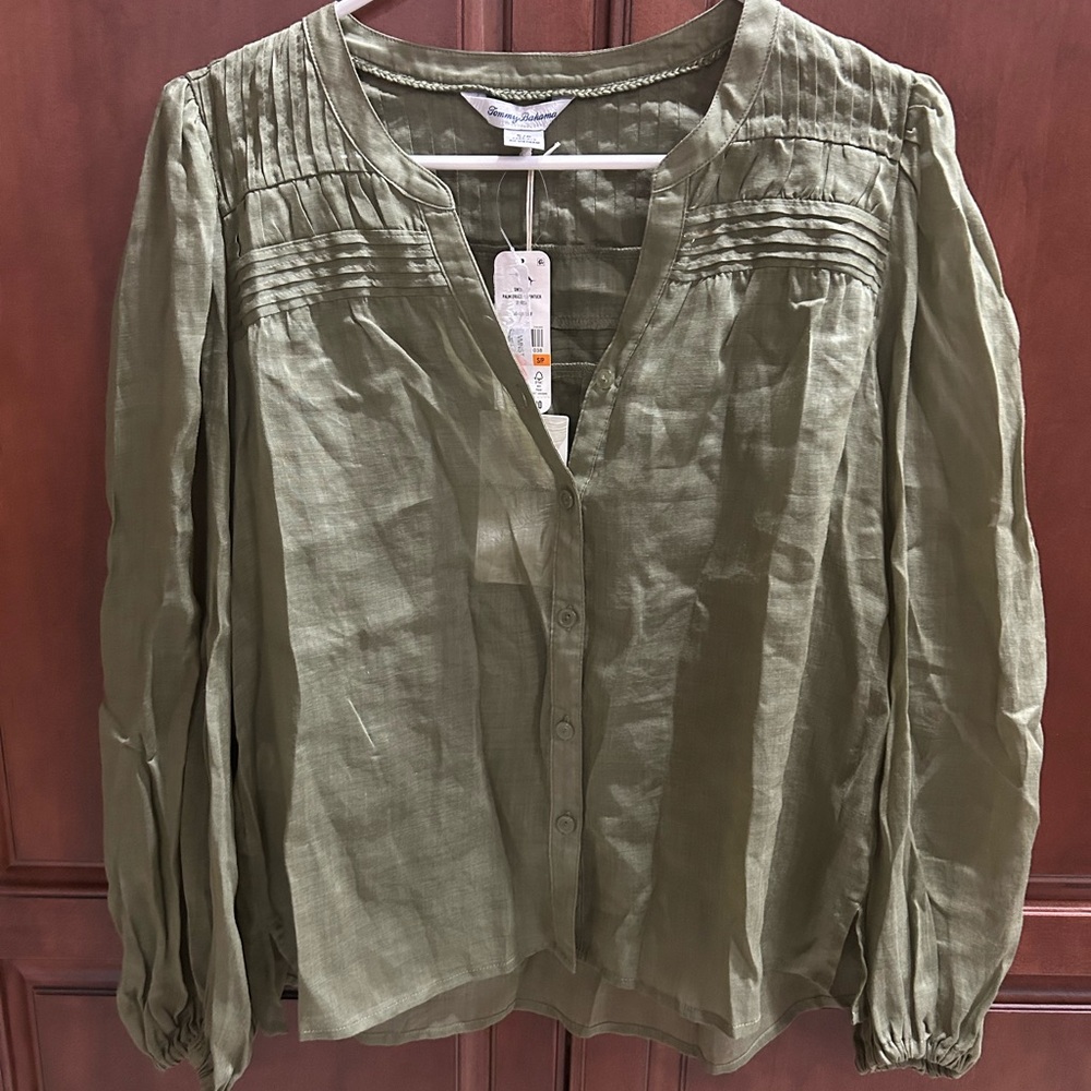 Olive Green Button-Up Sheer Blouse